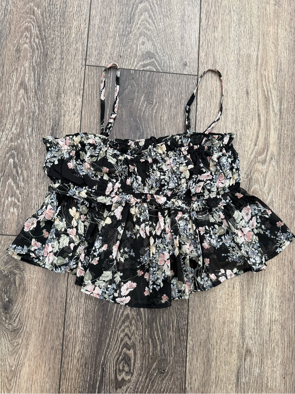 Floral Smocked Ruffle Tank Top - Black Floral